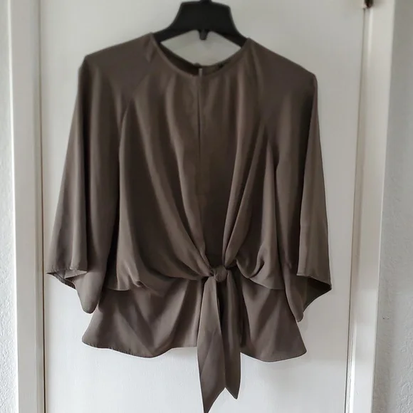 Topshop 8 olive blouse peek-a-boo bust and back bell sleeves zip button closure - Picture 5 of 8